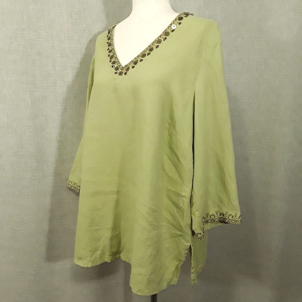 JM Collection Size 14W Beaded Linen Blouse Sage Green Copper Beading 3/4 Sleeve